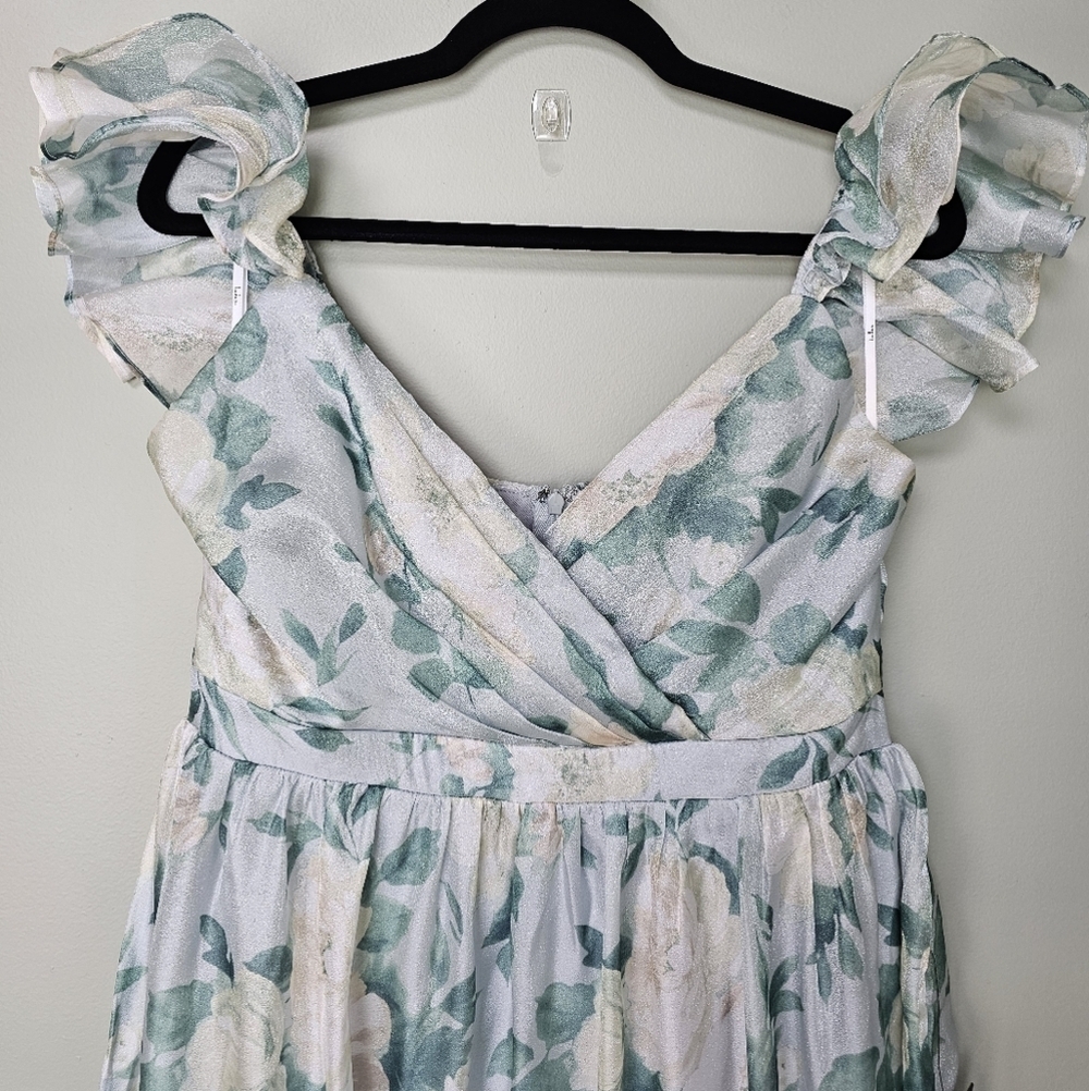 Lulus Soiree Perfection Light Blue & Green Floral Ruffled Tiered Maxi Dress, L - Picture 8 of 12